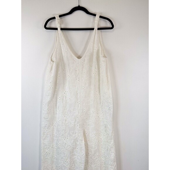 ZARA Womens Jumpsuit White Floral Eyelet V Neck Sleeveless Wide Leg Boho Large - Picture 6 of 11